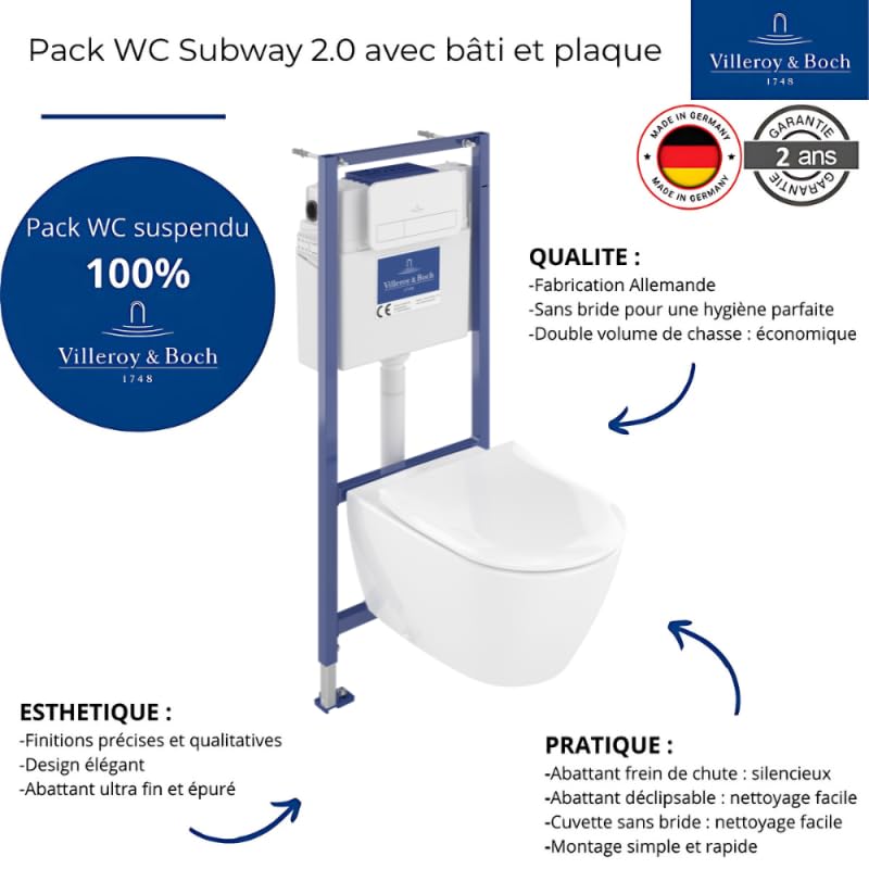 Pack WC sans bride VILLEROY ET BOCH Subway 2.0 avec abattant frein de chute + bâti Viconnect PRO + plaque blanche