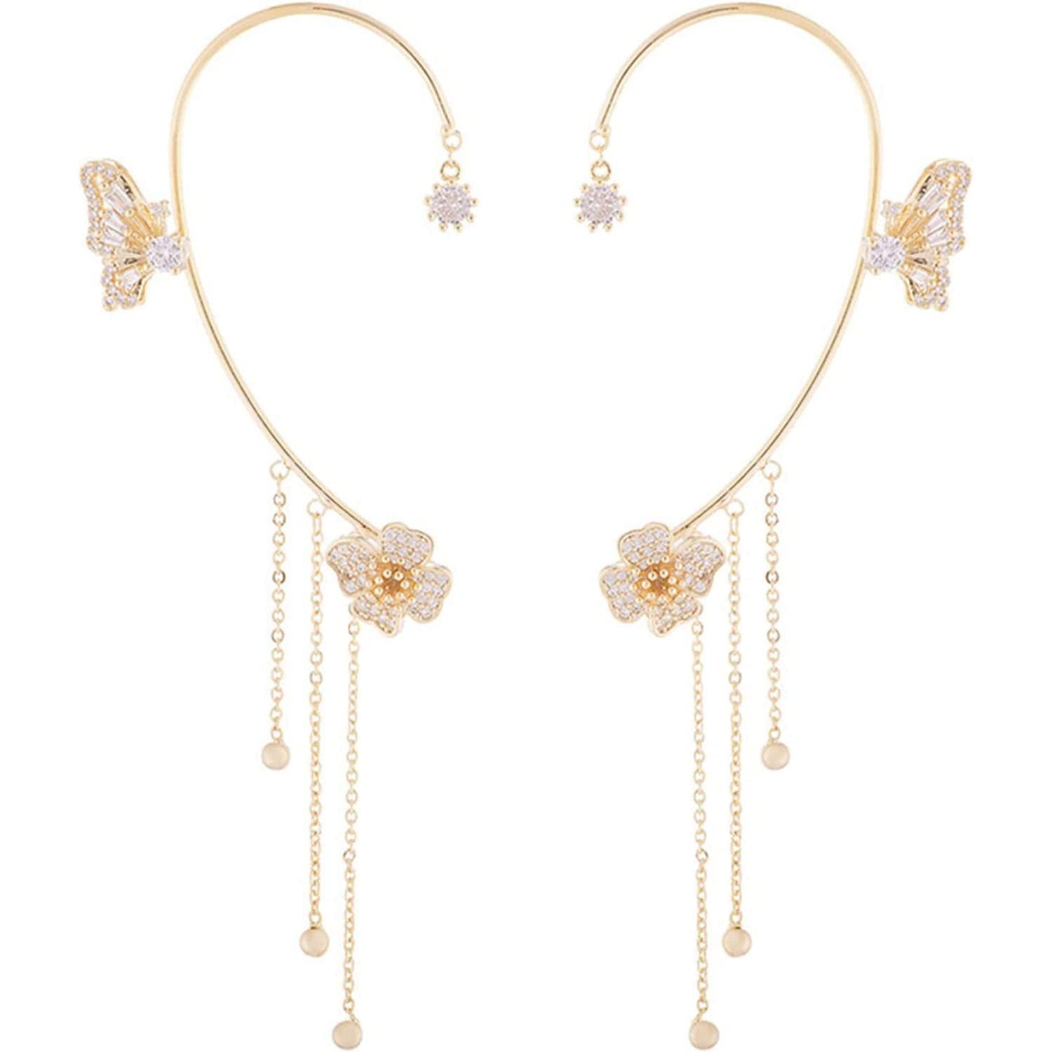 MAKINGTECButterfly Tassel Style Zircon Earrings, Butterfly Flowers Tassel Long Earring, Shiny Zircon No Piercing Butterfly Ear Clip Jewelry Gifts for Women Girls (Golden Pair)