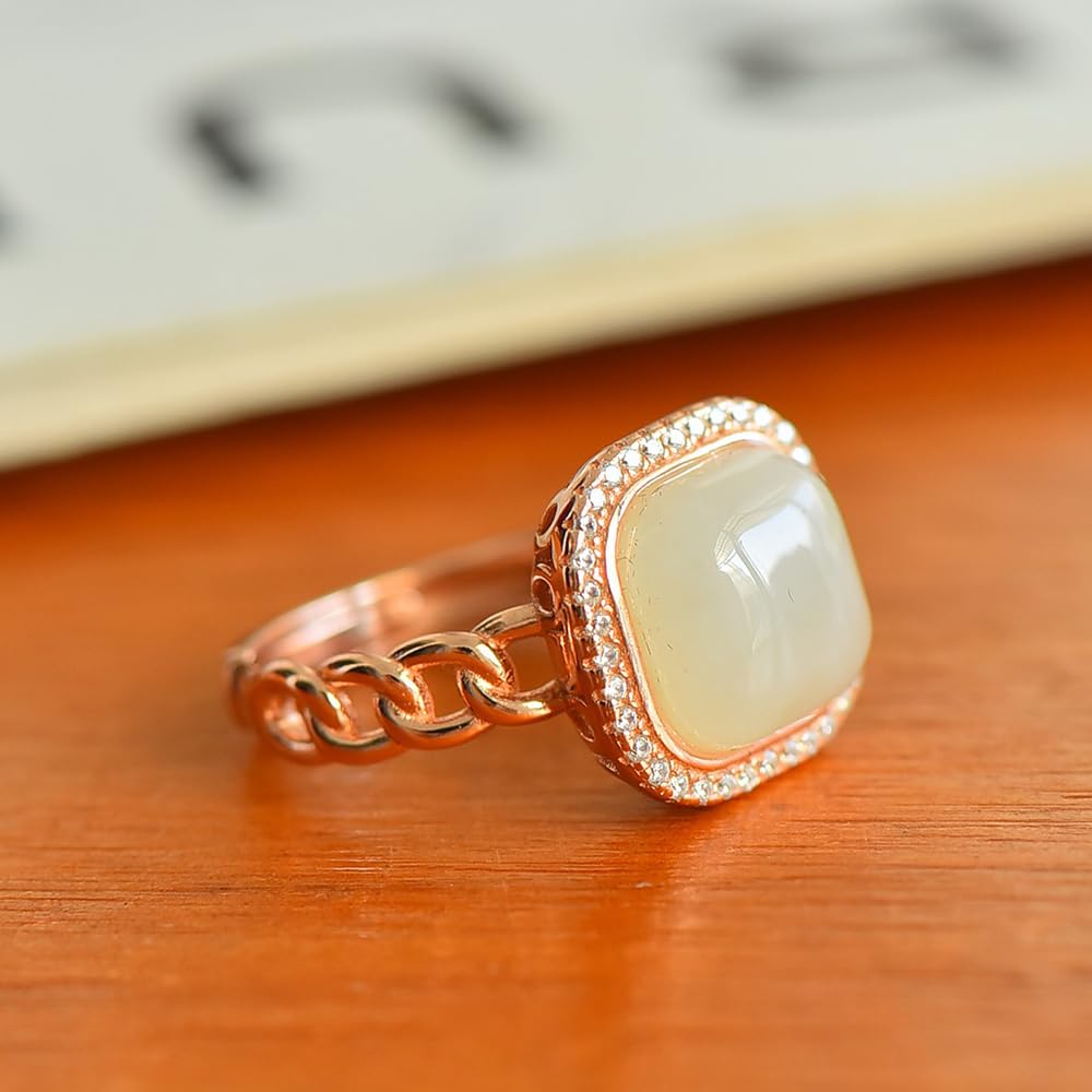 HMJGDHX S925 Silber vergoldeter quadratischer Ring aus natürlicher weißer Hetian-Jade (verstellbare Öffnung) 1 für Damen. Echt