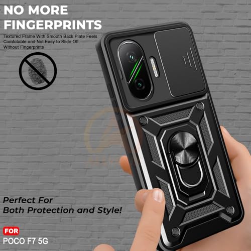 Image of Armor Bumper Back Cover Case for Poco F7 5G | Rotating Camera Cover, Ring Holder & Kickstand | Heavy Duty & 360 Degree Protection Poco F7 5G Back Cover (Black)