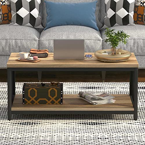 Fatorri Rustic Coffee Table For Living Room, Industrial Wood Center Tables With Shelf, Farmhouse Rectangle Cocktail Tables (Rustic Oak) #TOP2