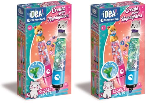 Clementoni Idea – Create Your Highlighters: Sweet Pets – Labor für personalisierte Textmarker, Kreativ-Set für Kinder ab 6 Jahren, mit 2 personalisierbaren Textmarkern mit Zubehör, 18875