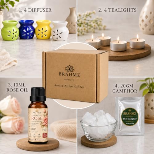 Image of BRAHMZ Ceramic Oil Burner Set of 4 with 4 Tea Light Candles and Rose Oil - Aroma Diffuser for Essential Oils, Aromatherapy, Home Fragrance, Meditation & Spa (Rose+Camphor)
