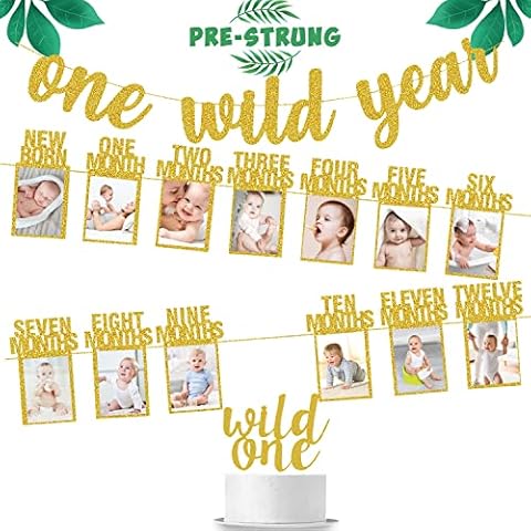 Wild One Birthday Decorations - Gold Glitter One Wild Year Banner + Baby 1st Birthday Photo Banner From Newborn to 12 Month - Safari, Jungle & Wild One Birthday Decorations Cover