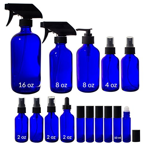 15 Piece Essential Oil Starter Kit: Sprayers, Pumps, Dropper and Roll On Bottles