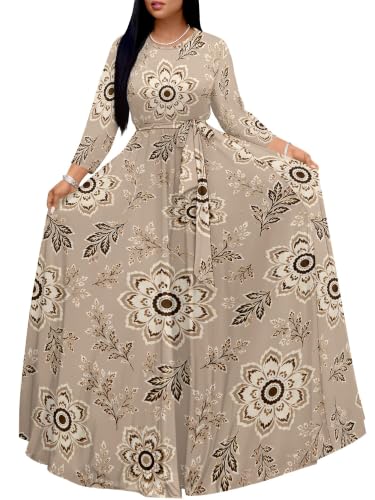Image of Women Plus Size Long Sleeve V Neck Maxi Dress with Belt | Soft fabric relaxed fit three quarter sleeve v neck with pockets for party and daily wear