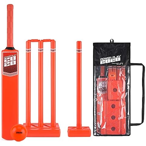 PowerPlay Plastic Cricket Set with Cricket Bat, Kwik Cricket Ball, 4 Stumps, Bails and Bag, Size 5 Cover