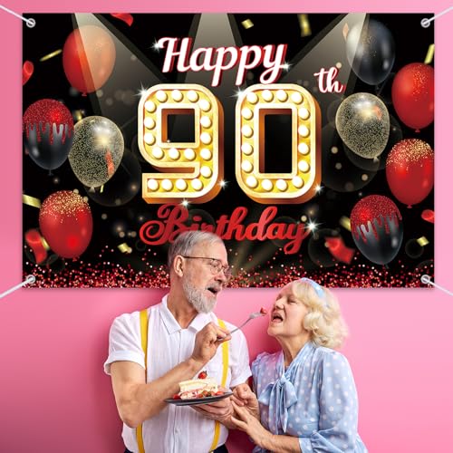 Fondo Fotográfico Feliz 90º Cumpleaños Globo Rojo miniatura 4