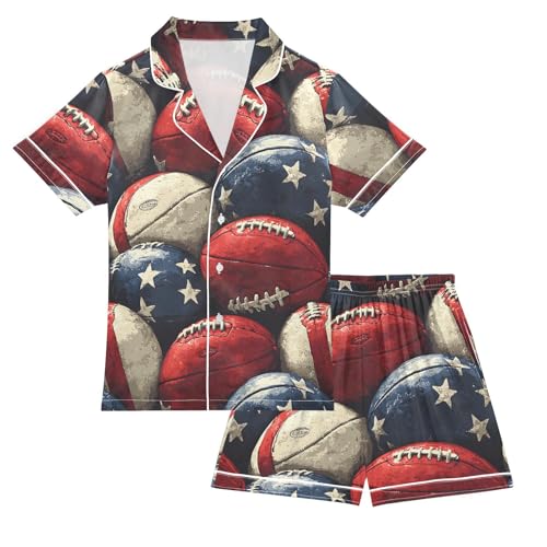 ALAZA Rugby Ball Star American Football Satin Pajamas Set Short Sleeve Button Down Sleepwear Summer Pjs 2 Piece