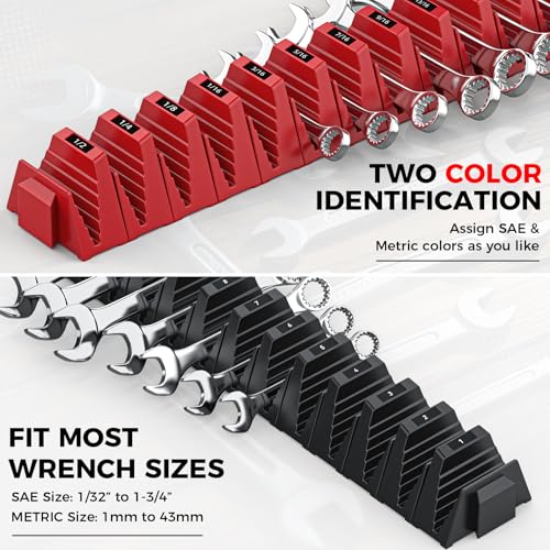 Image of PINOZE 48PCS Magnetic Modular Wrench Organizers for Tool Drawers - Black & Red - Wrench Rack with Metric & SAE Labels, Customizable Magnet Tool Storage Holder for Tool Box Organization