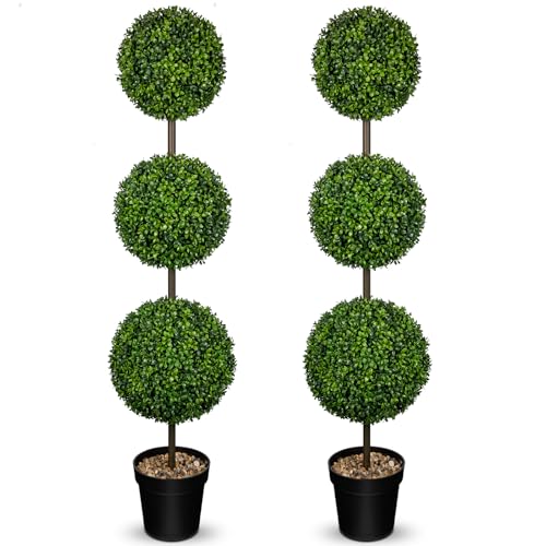 DILATATA 4.1FT Large Triple Ball Topiary Trees Artificial Outdoor Trees for Porch UV Resistant Pre-Potted Shrubs Boxwood Topiary,Large Fake Topiary for Home,Garden Decor (8.3'/9'/11' W.) Set of 2