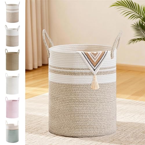 Image of 53L Tall Cotton Rope Laundry Basket with Handles, White & Brown