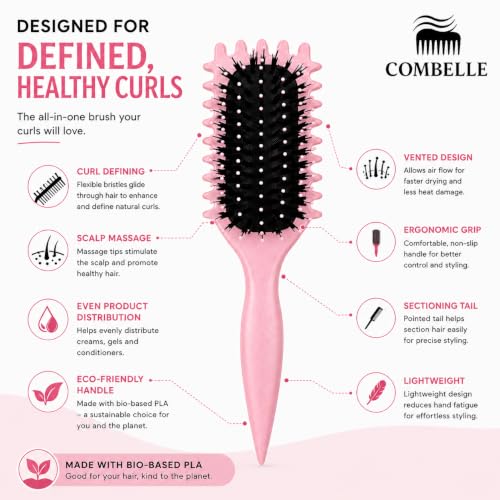 Image of Combelle 5-in-1 Curl Hair Brush, Vegan Boar Bristles, Bio-Baked PLA Handle, Detangling and Frizz Control for Curly Hair (Pink)