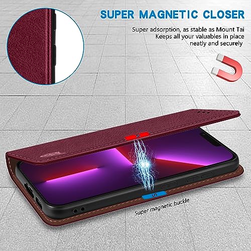 Image of ZZXX for iPhone 13 Pro Max Wallet Case Strong Magnetic 6.7 inch,Wine Red