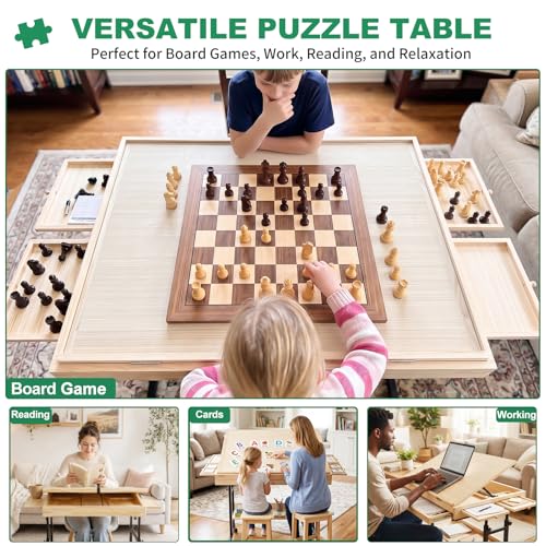 Image of Wooden Puzzle Table with Drawers, 1500 Piece Puzzles for Adults & Puzzle Enthusiasts with Adjustable Height & Tilt, Felt Surface, Metal Stand with Lockable Wheels, Puzzle Storage Box and Cover