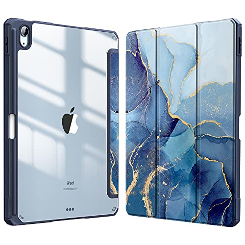 Fintie Funda Compatible con iPad Air 10,9" (4.ª Generación, 2020) - Carcasa con Soporte Integrado para Pencil Trasera Transparente a Prueba de Choques Auto-Reposo/Activación, Mármol Azul Dorado