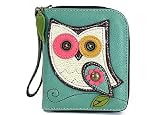 CHALA Zip Around Wallet, Wristlet, 8 Credit Card Slots, Sturdy Pu Leather - Owl - Teal