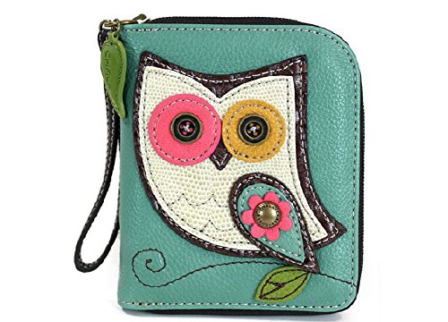 Chala Zip Around Wallet, Wristlet, 8 Credit Card Slots, Sturdy Pu Leather - Owl - Teal #TOP6