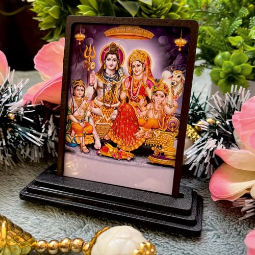 Image of Shiv Parivar Printed Wooden Idol for Car Dashboard & Home Decor (7.5 x 10 cm) - Lord Shiva, MATA Parvati, Ganesha & Kartikeya Spiritual Showpiece - Religious Figurine for Protection & Blessing