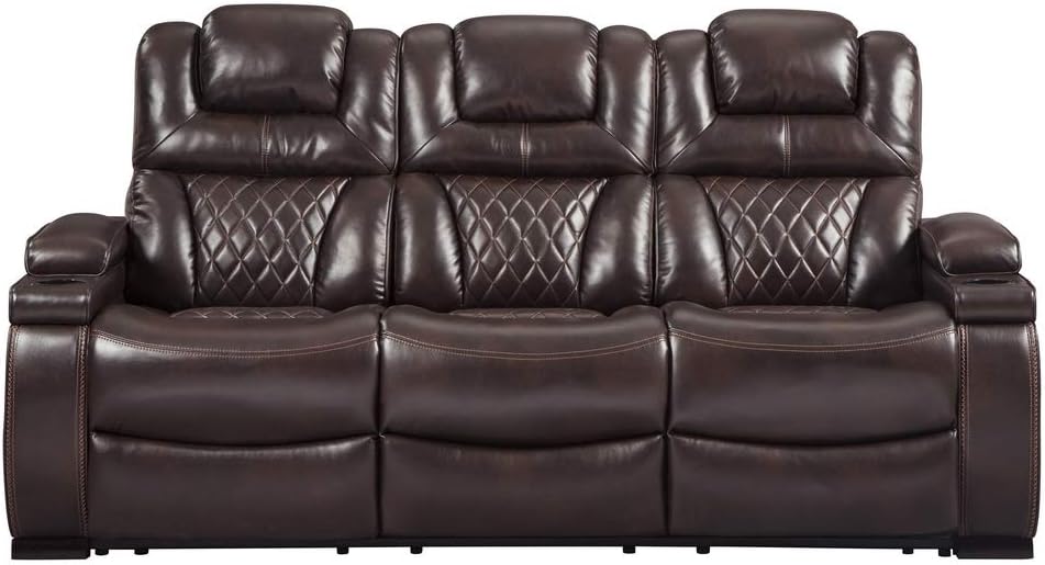 Brown Faux Leather Power Reclining Sofa with Storage and Cup Holders