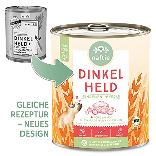 naftie veganes Hundefutter Bio Dinkel Held - Nassfutter Menü mit Dinkelflocken - purinarm - Diät-Futter - 6X 800g