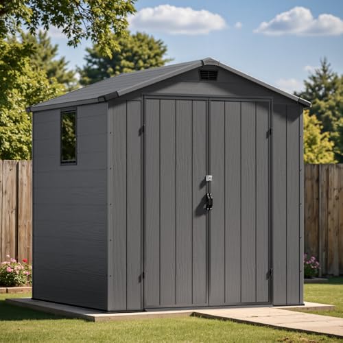 Image of Patiowell Outdoor Plastic Storage Shed 6x6 FT, Resin Shed for Garden | Heavy Floor, Lockable Door, Built-In Window, Weather-Resistant Design, Easy Assembly, Ideal for Garden Tools, Bikes