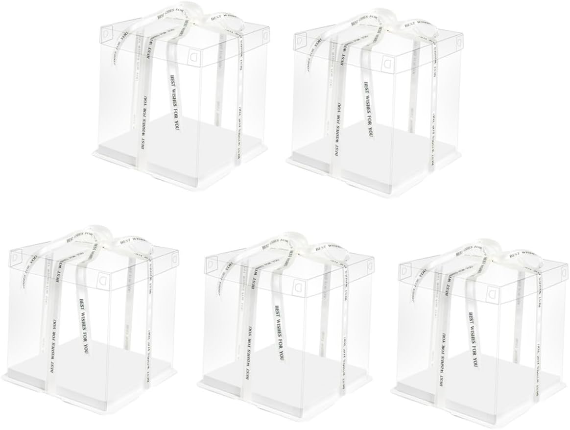 VICASKY 8-inch Birthday Cake Box with Ribbon, 5pcs Cake Storage Containers, Single-layer 26x26x18cm Dessert Wrapping Boxes for Bakery and Party Packaging