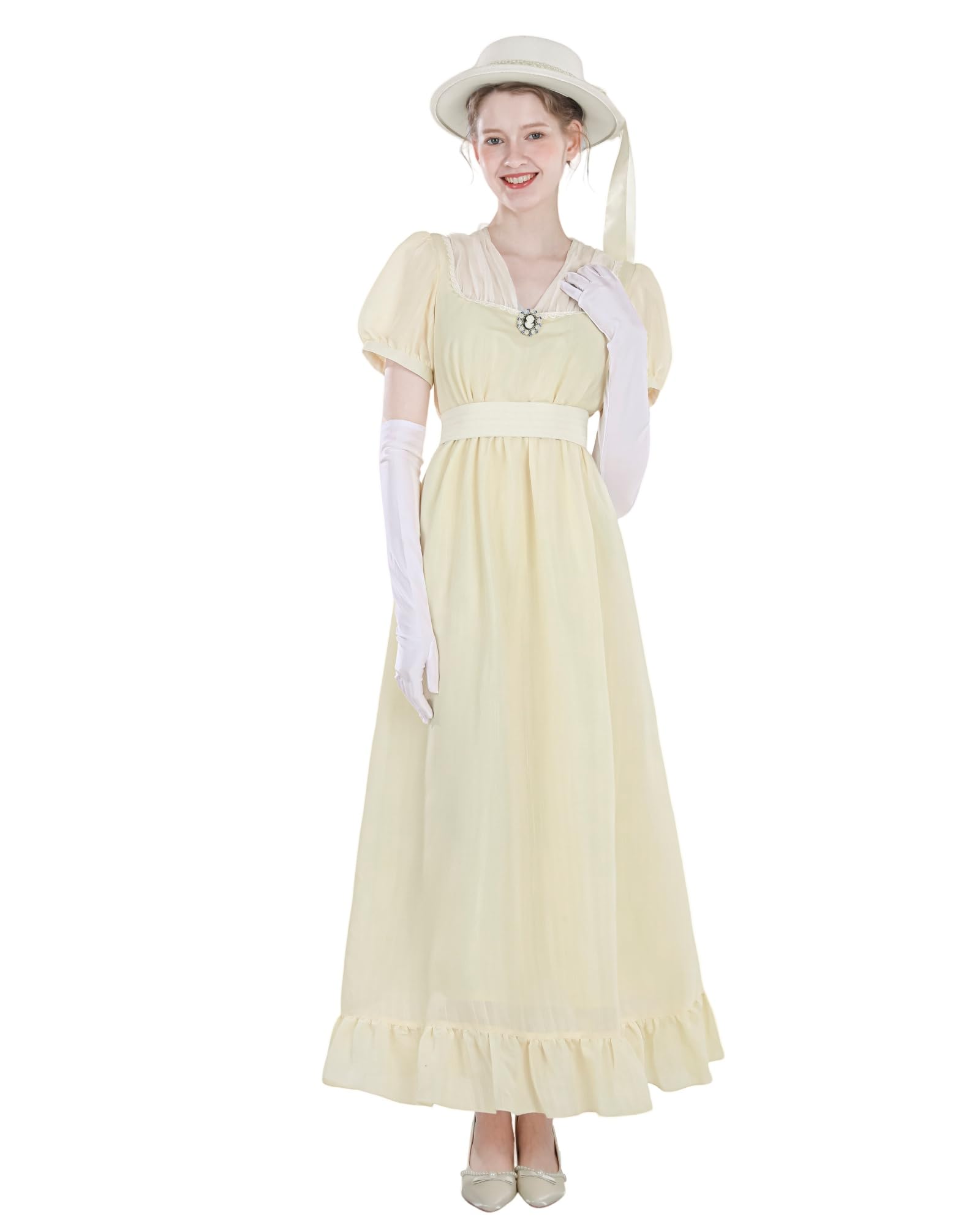 Regency - Vestido de verano para mujer, estilo imperio, con cinturón y broche en el pecho, para cosplay, con guantes