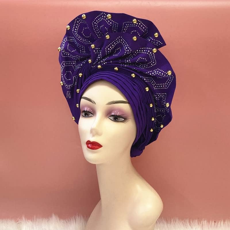African Gold headtie auto asoebi gele Headwear African Turban Headwraps with Beads by MSB Fabric co.1871