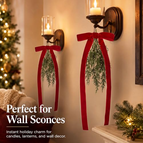 6 Christmas Teardrop Swag Red Velvet Bow 16" Pine Light Decor - Image 4