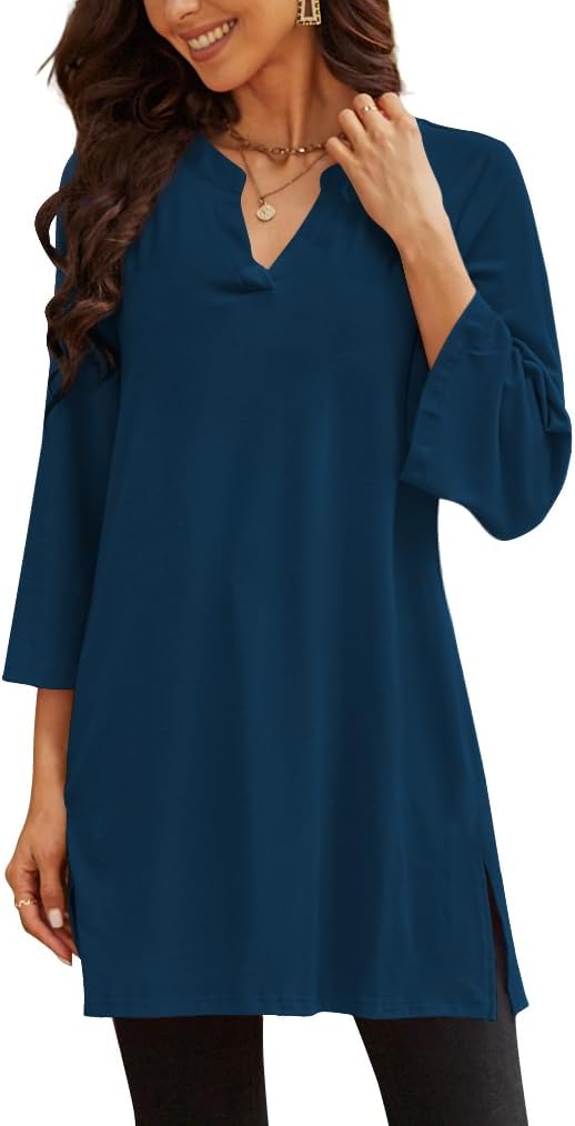 Poetsky Womens Tunic Tops 3/4 Bell Sleeve Loose Fit Tunics Dressy Casual Side Split Flare Top for Leggings S-3XL