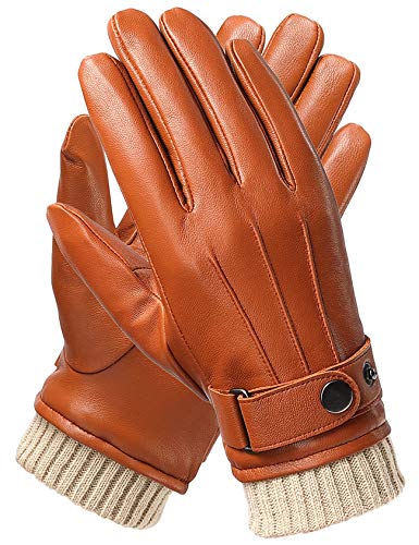 Leather Gloves for Men, Touchscreen Warm Outdoor Light Brown Thinsulate Winter Gloves for Dress Driving Texting Motorcycle Size M