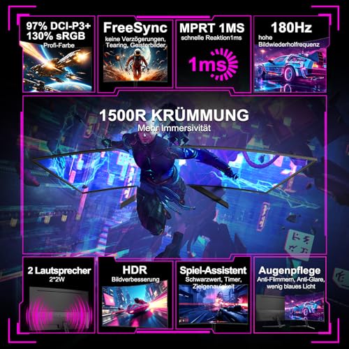 Minifire Minifire 24 Zoll Curved Gaming Monitor 180Hz, 1ms, FHD PC Bildschirm 1500R, Mit Lautsprechern, FreeSync, HDR, 130% sRGB, Rahmenlos, HDMI1.4/DP1.2 Ports -Schwarz (MFG24C1 mit HDMI-Kabel) - Zusatzansicht 4 | Tages Deals