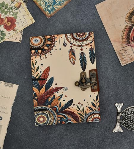 Image of Handmade Boho Dreamcatcher Journal | Eco Recycled Paper Diary with Metal Lock ? Artistic & Sustainable Gift (7x5 Inch)