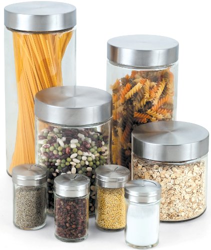 Cook N Home 8-Piece Glass Canister and Spice Jar Set with Lids, Round Sides, Clear