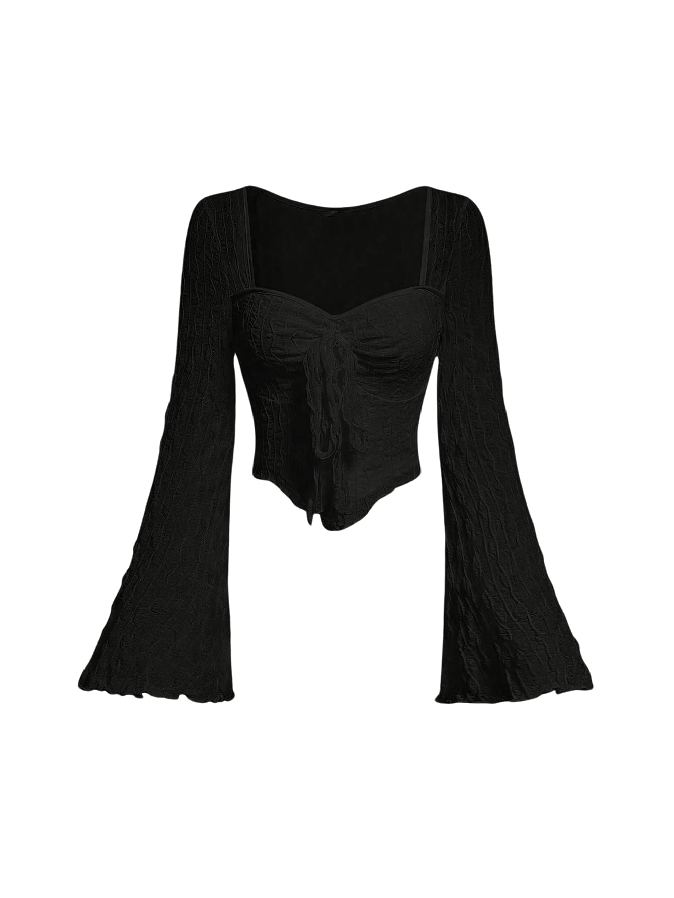 SOLY HUX Women’s Long Bell Sleeve Tops Mesh Sweetheart Neck Going Out Crop Top Casual Asymmetrical T Shirts Tees