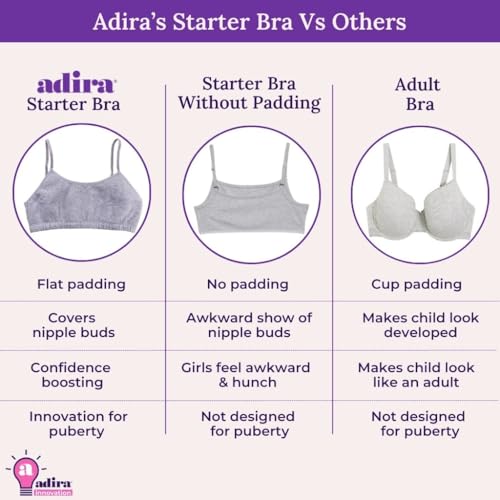 Image of ADIRA | Beginners Bra for Girls 13-14 Years | Flat Padding for Nipple Coverage | Comfortable Strecthy Cotton | Comfy-Breathable Beginners Bra & Super Soft Material | Pack of 3