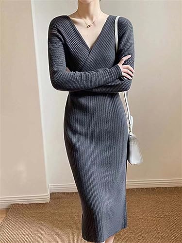 Women's Long Sleeve Sweater Dress Solid V Neck Slim Knitted Long Dress4