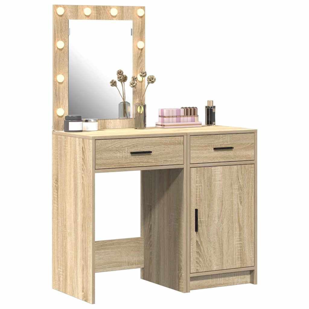 Tocador con puerta marrón de madera 50 x 41 x 135 cm, 2 unidades con iluminación LED, cajón, espacio de almacenamiento para dormitorio, habitación de niña y vestidor