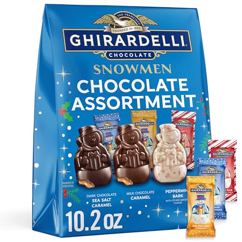 Ghirardelli Chocolate Assorted Snowmen, Holiday Collection with Milk Chocolate Caramel, Dark Chocolate Sea Salt Caramel, and Peppermint Bark, 10.2 oz Bag