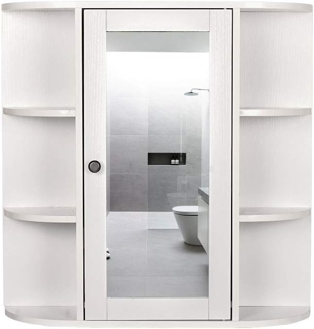 Bеѕt Dеаl Chеар 🛒 GIODIR Wall Mounted Cabinet Bathroom Wood Cupboard Multipurpose Kitchen Medicine Storage Organizer with Mirror Single Door Shelves (White)