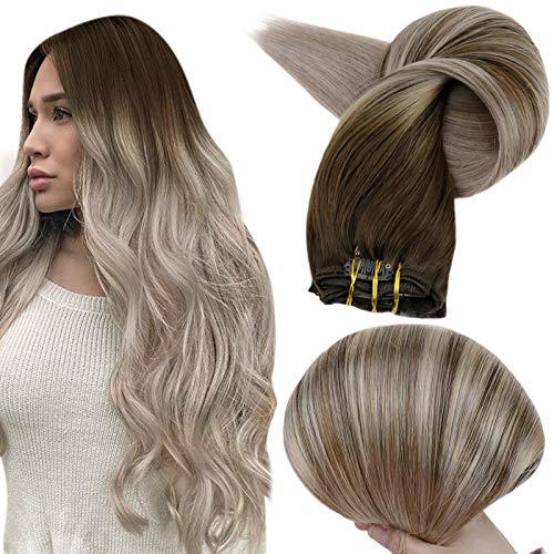 Full Shine Hair Extensions Clip in Human Hair Pieces Individual 10Pcs Double Weft Clip on Thick 120Grams 16Inch Natural Human Hair Clip ins Dark Brown Fading to Ash Blonde