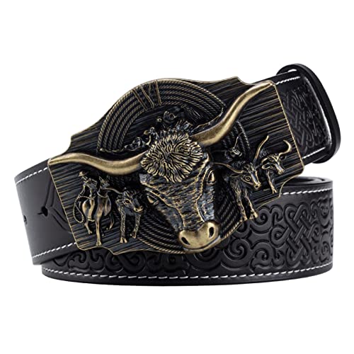 Men's Leisure Belt,Bull Head Embossed Leather Alloy Buckle Head Decoration Belt Fashionable and Versatile,Black,95CM/37.4''