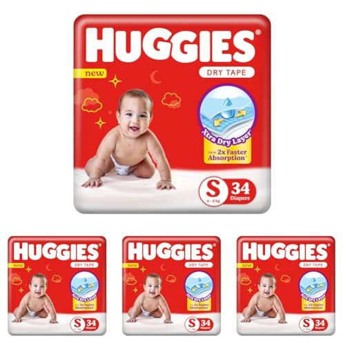 Image of Huggies Dry Tape | Adjustable Tape Style Baby Diapers, Small (S) Size (4-8 Kgs), Pack of 136 | Up To 2X Faster Absorption, Up To 12 Hours Overnight Absorption