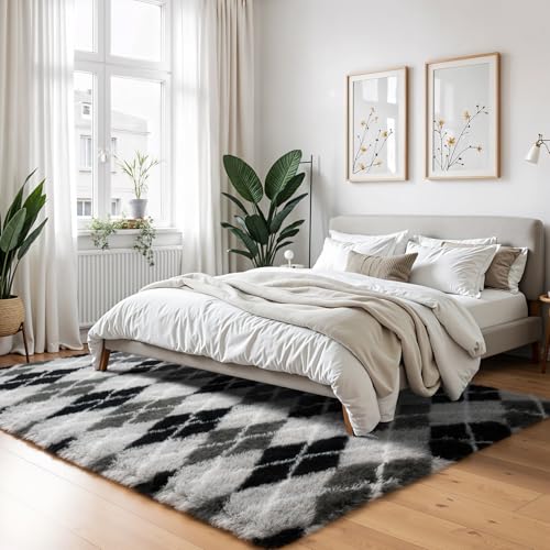 Zentavio Area Rugs for Living Room Rugs for Bedroom 4x6 Carpet Fluffy Fuzzy Soft Shag Aesthetic Plush High Pile Gray Throw Rug for Nursery Kids Room Dorm Diomond Black