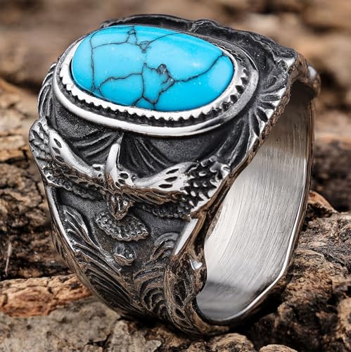 Men's Turquoise Titanium Steel Ring Engraved Eagle Design Vintage Western Navajo Native American Style, RDR Americana Biker Bold Jewelry4
