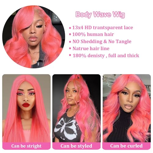 Image of 30 Inch Pink Lace Front Wigs Human Hair 13x4 HD Transparent Body Wave Human Hair Lace Front Wigs for Women 180 Density Pre Plucked Lace Frontal Wig with Baby Hair