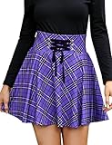 KOJOOIN Women's High Waisted Short A-line Flare Gothic Mini Black Red Plaid Pleated Skirt Dress Bright Purple Plaid S