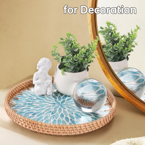 Tynulox Round Rattan Tray with Mother of Pearl Inlay, Rattan Serving Tray for Coffee, Bread, Fruits, Decorative Wicker Tray for Table Decor, Home Decor, Kitchen Island Decor (Turquoise Leaf, 11.8") by Tynulox - Used condition - Image 8