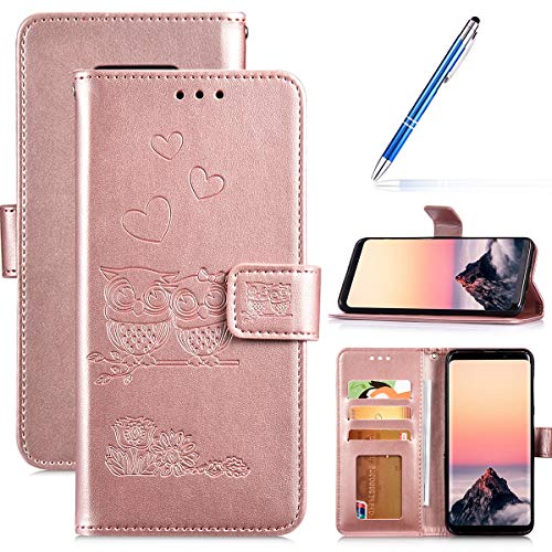 Robinsoni Case Compatible with Samsung Galaxy S8 Phone Case Wallet Galaxy S8 PU Leather Cover Shockproof Kickstand Case Flip Notebook Style Phone Cover Heavy Duty Case Hard Case Owl Printed Rose Gold